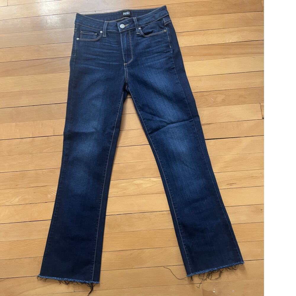 PAIGE High Rise Manhattan Bootcut Jeans Dark Wash Frayed Hem 25 EUC